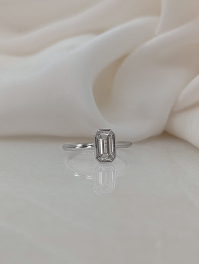 0.84ct Bezel Set Emerald F- VS2 Lag Grown Diamond Solitaire Engagement Ring