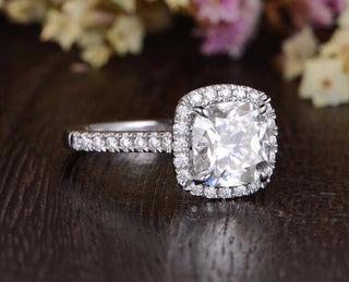 1.0CT Cushion Cut Halo Diamond Moissanite Engagement Ring