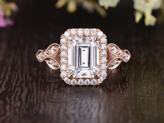 1.0CT Emerald Cut Halo Moissanite Diamond Engagement Ring