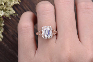 1.0CT Emerald Cut Halo Moissanite Diamond Engagement Ring