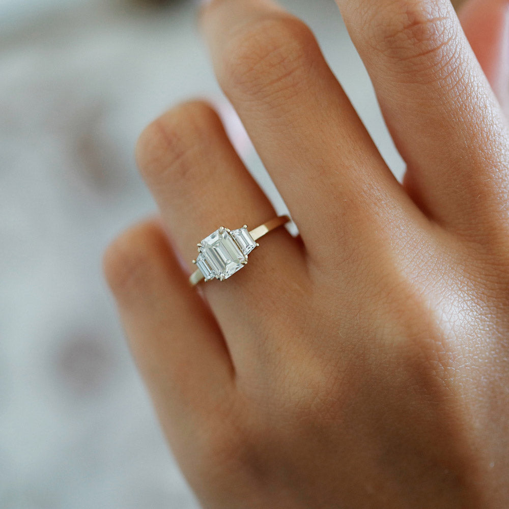1.0CT Emerald Shaped Three Stone Moissanite Diamond Engagement Ring