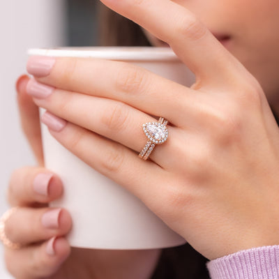 1.33CT Pear Cut Halo Moissanite Diamond Engagement Ring