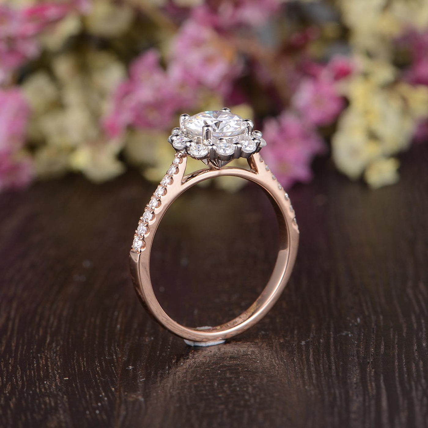 1.35CT Round Cut Halo Moissanite Diamond Engagement Ring