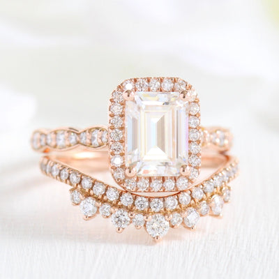 1.60CT Emerald Cut Moissanite Halo Bridal Engagement Ring Set