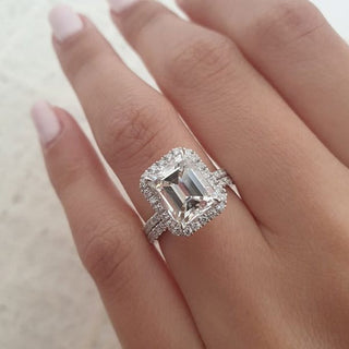 3.0ct Emerald Cut Moissanite Diamond Halo Engagement Ring