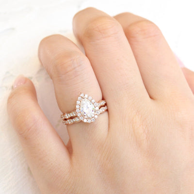 1.50CT Pear Cut Moissanite Halo Bridal Engagement Ring Set