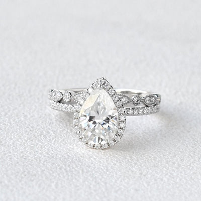 1.80CT Pear Cut Moissanite Halo Engagement Ring with Vintage Style Wedding Band
