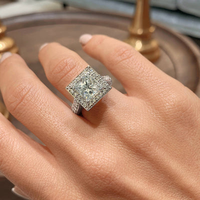 1.35ct Princess Cut Halo Moissanite 3 Side Pave Diamond Engagement Ring