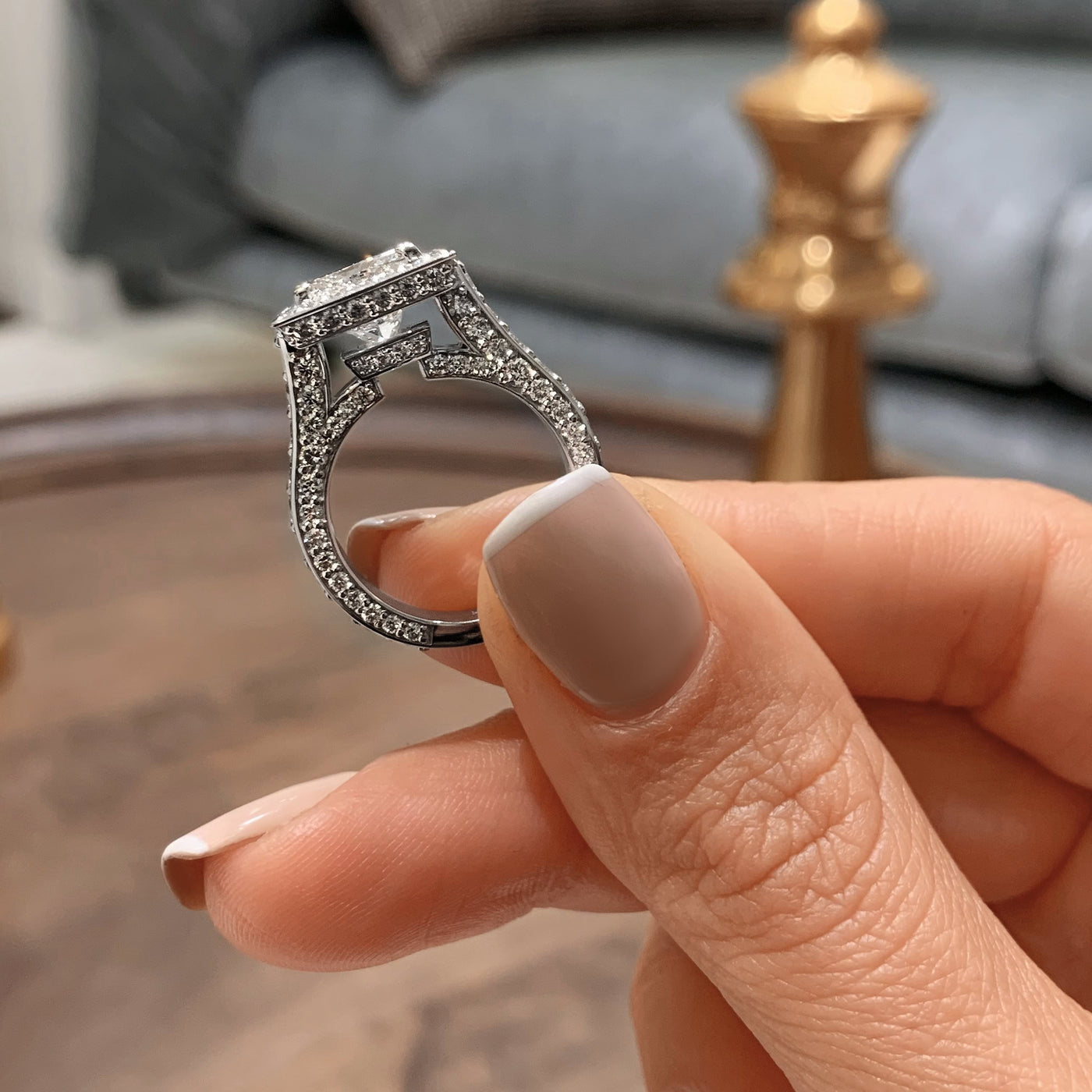 1.35ct Princess Cut Halo Moissanite 3 Side Pave Diamond Engagement Ring
