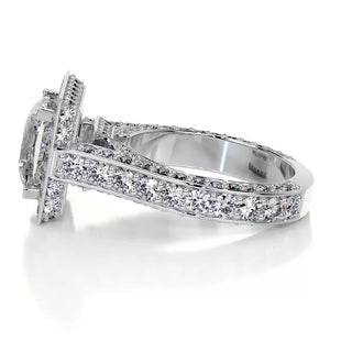 1.35ct Princess Cut Halo Moissanite 3 Side Pave Diamond Engagement Ring