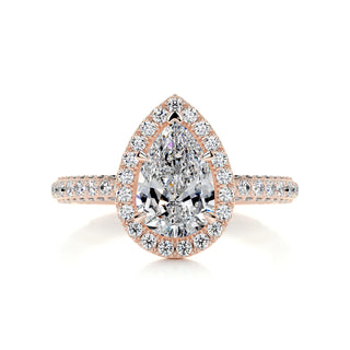 2.0 Carat Pear Cut Moissanite Halo 3 Side Pave Engagement Ring