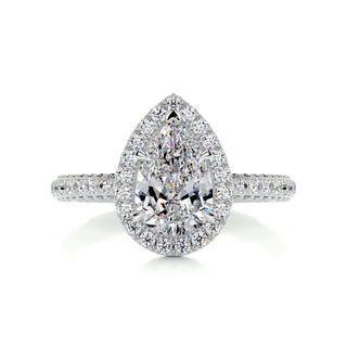 2.0 Carat Pear Cut Moissanite Halo 3 Side Pave Engagement Ring