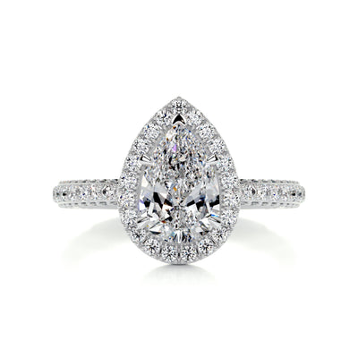 2.0 Carat Pear Cut Moissanite Halo 3 Side Pave Engagement Ring
