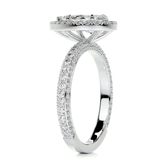 2.0 Carat Pear Cut Moissanite Halo 3 Side Pave Engagement Ring