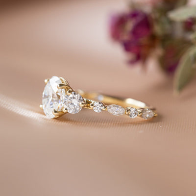 1.33CT Oval Cut Marquise Moissanite Engagement Ring in 14K Yellow Gold