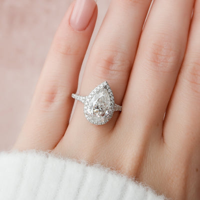 3.0CT Pear Cut Halo Moissanite Diamond Split Shank Engagement Ring