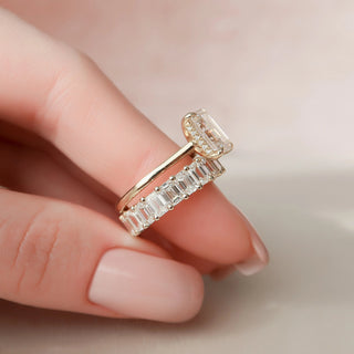 2.0CT Emerald Cut Moissanite Solitaire Hidden Halo Bridal Engagement Ring Set