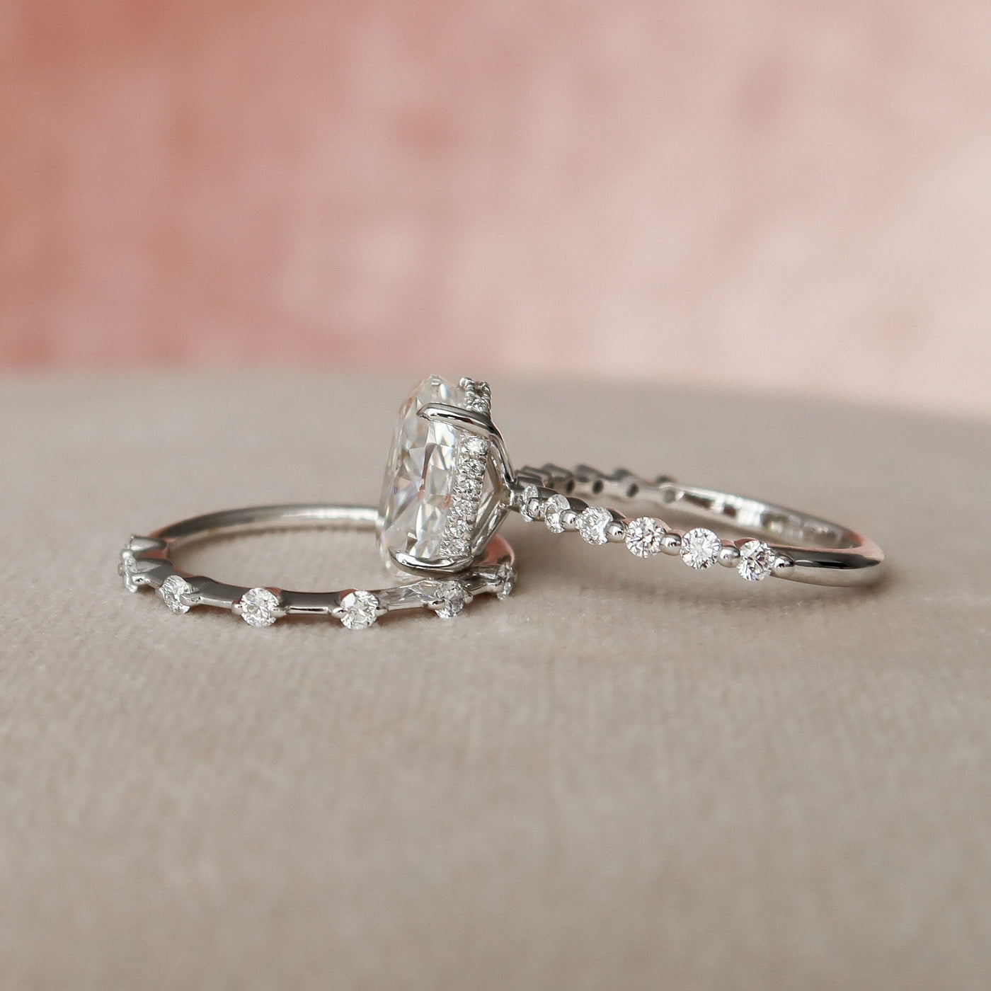 2.5CT Oval Cut Moissanite Halo Eternity Bridal Engagement Ring Set