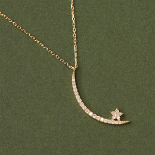 Moon and Star Diamond Moissanite Necklace for Her