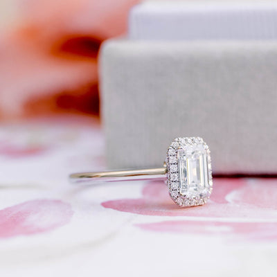 1.0CT Emerald Cut Moissanite Halo Diamond Engagement Ring